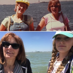 I take my spot on the left of Lady Liberty, top photo with my best friend Annette in 1978, and bottom photo with my daughter Grace in 2016.